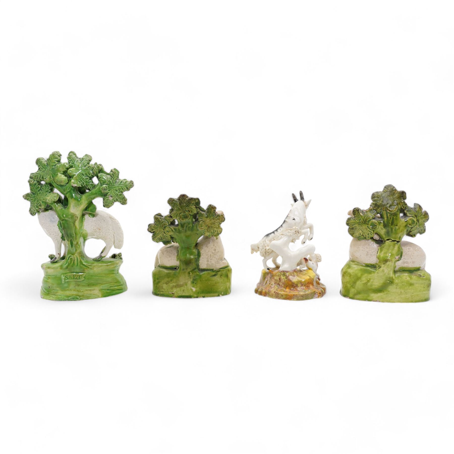 Early 19th century Staffordshire pearlware group by Ralph Salt, modelled as a sheep and lamb before a flowering bocage, impressed 'Salt' verso, H16cm, pair of similar Staffordshire pearlware sheep and ram and poodle group, numbered 198 beneath, with 'Max Bilbe Collection' label (4)