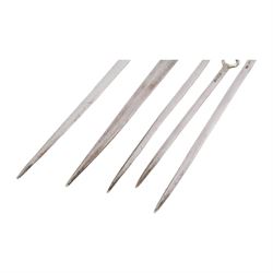 Two George III silver meat skewers, the first example with shell mounted ring terminal, hallmarked Philip Roker III, London 1765, L31cm, the second with ring terminal, hallmarked Thomas Wilkes Barker, London 1810, L32.5cm, together with three George III silver poultry skewers, one example hallmarked Solomon Hougham, London, date letter worn, possibly 1804/1806, and two hallmarked London 1804, no visible makers marks, longest poultry skewer L20cm, smallest L15.5cm, bearing Christie's lot label, (5)

Provenance: Lot 225, portrait Miniatures, Objects of Vertu and Silver, Christie's, 22nd February 2005