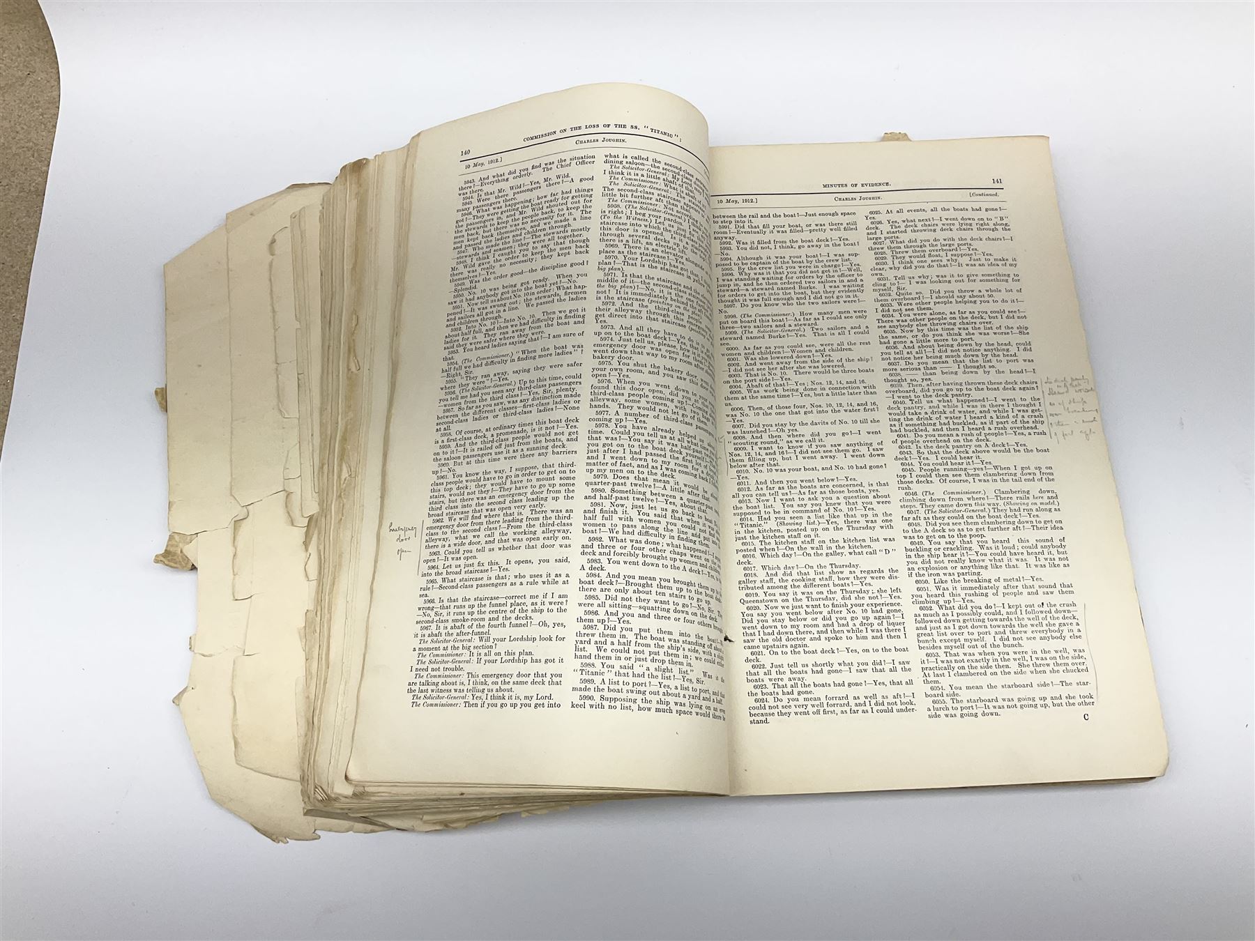 White Star line SS 'Titanic' - Proceedings Before The Right Hon. Lord Mersey, with Rear Admiral The Hon. S.A. Gough-Calthorpe C.V.O., R.N., et al. On a formal investigation ordered by the Board of Trade into the loss of the SS 'Titanic'. In the Wreck Commissioner's Court May/June 1912. Published by HMSO London. Unbound with hand written paper cover titled 'Evidence Given At 'Titanic' Inquiry 1st to 18th days. Incomplete - missing days 1 to 4 in list of witnesses, day 18 missing pp.503-506, appendix inserted between days 17 and 18. A rare and interesting part copy of the proceedings with unique annotations in many page margins. The first day title page is named in ink 'Mrs. Robinson', presumably Mrs. Annie Robinson First Class Stewardess and survivor, whose examination was on the eleventh day and which is partly highlighted in red pencil. The first eleven days also contain various pencil marginalia, hand unknown, together with a pencil cross-section drawing of the ship, with references to the pre-voyage fire and the engineers. The title pages of the twelfth day to the eighteenth day are all named in ink 'Mr. Boyle', referring to Alexander Boyle, with the twelfth day also bearing his professional stamp as 'Engineer Surveyor In Chief 23rd May 1912 Board of Trade'. No marginalia is found on days 12 to 18.