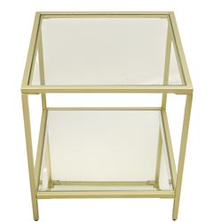 Modern pair of brass finish and glass bedside stands, each of square form with clear glass top, glazed sides and mirrored under tier, enclosed by a square section brass finish metal frame, raised on short square supports