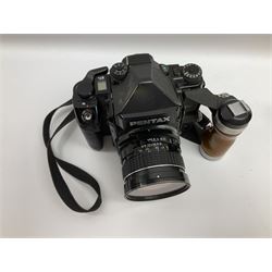 Pentax 67II camera with Asahi SMC Pentax - 6x7 ‘1:4 45mm’ lens, Asahi Takumar / 6x7 ‘1:4.5/75’ lens, Asahi Macro-Takumar / 6x7 ‘1:4/135’ lens, Asahi SMC Pentax - 6x7 ‘1:2.8 165mm’ lens, Asahi Pentax 6x7 rear converter ‘T6-2X’, lens filters and various other accessories, housed in a Billingham carry bag