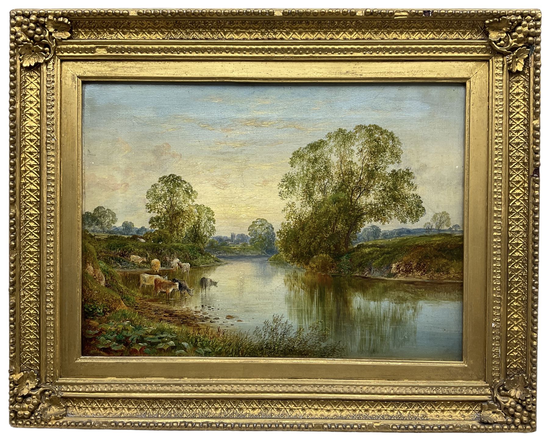 George Alexander (British 1832-1913): Cattle Watering at 'The River Wharfe Tadcaster', oil on canvas signed and inscribed verso 27cm x 37cm