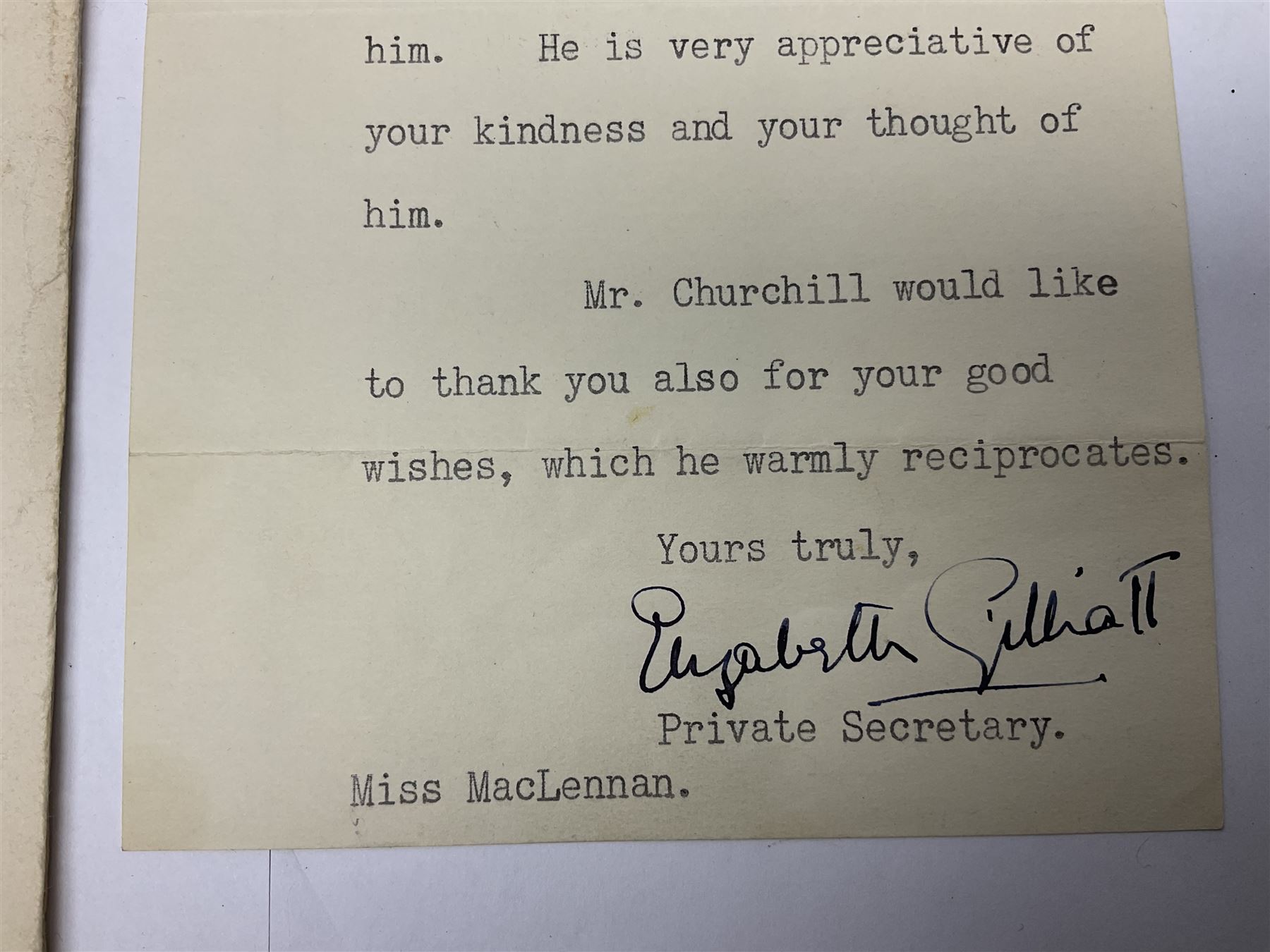CHURCHILL WINSTON S.: (1874-1965) British Prime Minister 1940-45, 1951-55. Nobel Prize winner for Literature, 1953; post-WW2 T.L.S., to Miss Maclellan from Elizabeth Gilliatt Private Secretary thanking her on behalf of Churchill 