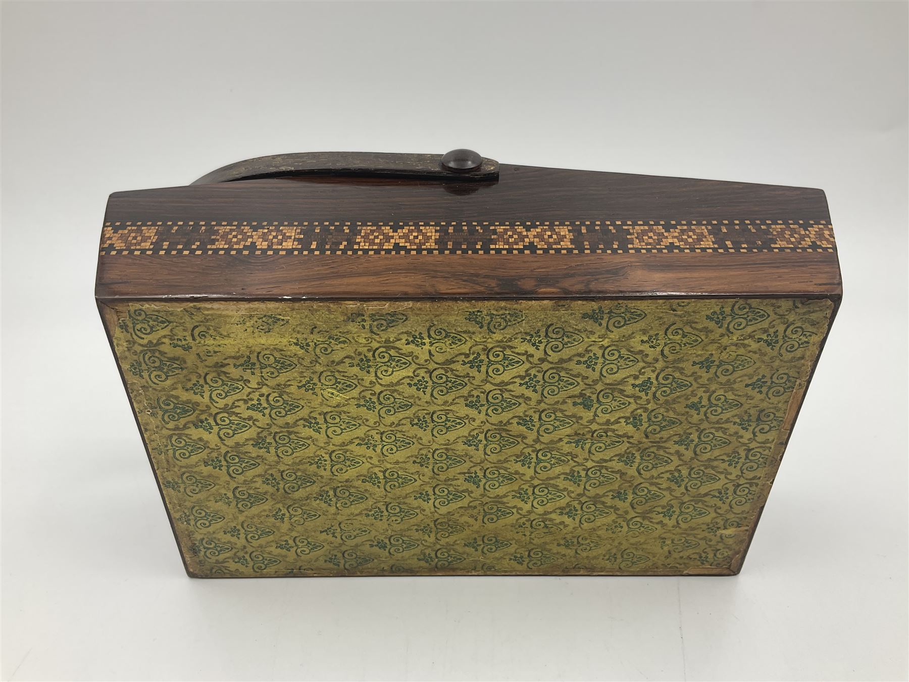 19th century rosewood Tunbridge Ware basket, of rectangular form with curved bentwood handle, and twin hinged sloping covers, lifting to reveal paper lined interiors, not including handle H5.5cm D10.5cm L18cm