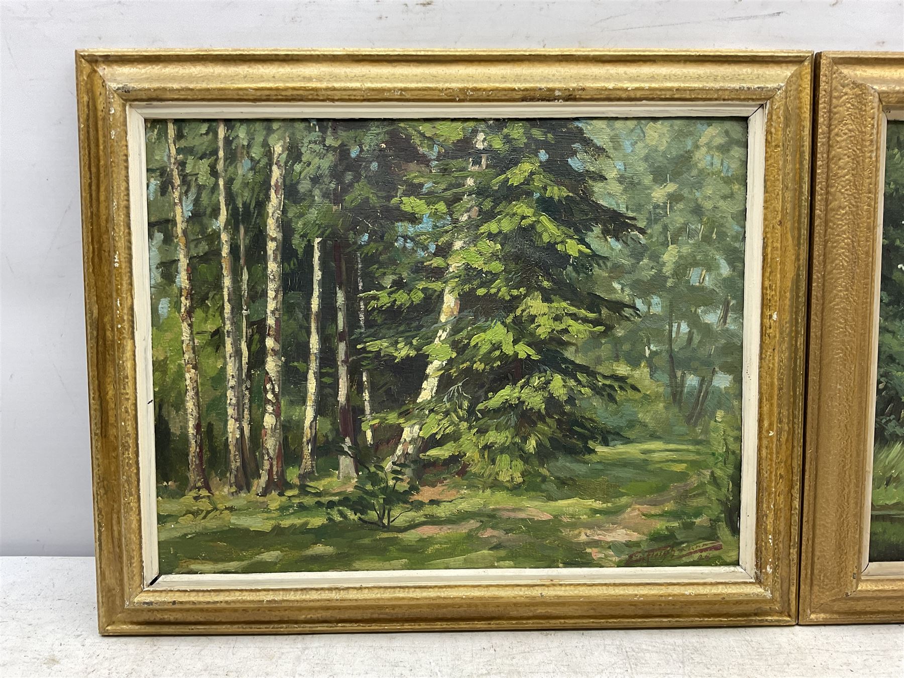 C Fleischmann? (German early 20th century): Forest Landscapes, pair oils on canvas laid on board indistinctly signed, one dated '28, 27cm x 35cm (2)
