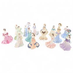 Eighteen Coalport Age of Elegance bisque figurines, including Brighton Promenade, Kensington Parade, Spring Pageant and Mandarin Crescent, mostly boxed
