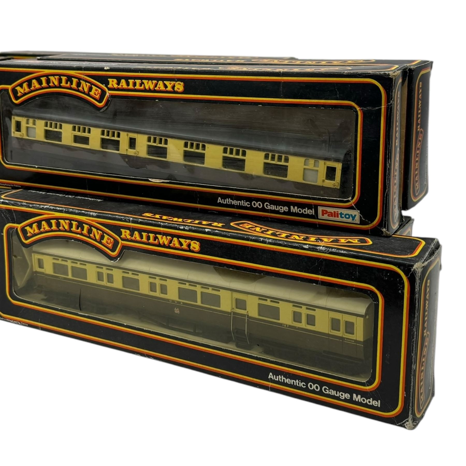 Two Mainline Railways '00' gauge locomotives, including 37090 Mogul Locomotive GRW green, together with five Mainline Railways '00' gauge goods wagons and fourteen coaches, including Cornish Riviera Examples, all boxed 