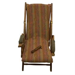 19th century teak campaign steamer or garden chair, folding staggered mechanism with brass fittings, upholstered seat, back and arms