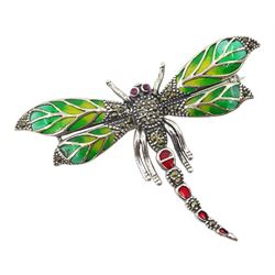 Silver plique-a-jour and marcasite bug pendant/brooch, stamped 925