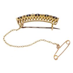 Early 20th century 10ct gold graduating five stone oval cut sapphire and old cut diamond brooch, total sapphire weight approx 2.00 carat