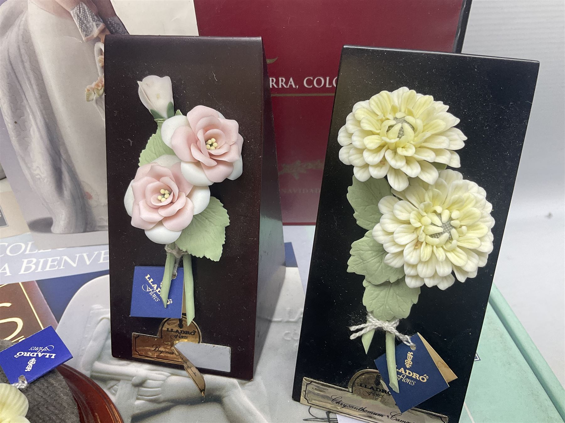 Seven Lladro flowers, comprising Japanese Camelia on base no 5181, Yellow Begonia on base no 5186, Miniature Begonia on base no 5188, Chrysanthemum on base no 5189, California Poppy no 5190.B, Miniature Begonia 5188.B and White Carnation no 5184.B, together with Lladro Spanish Joining pack with 17616 Winter Bell, Additional Lladro parasols and flowers etc 