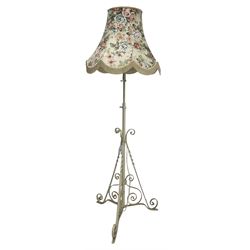 Cream painted wrought iron standard lamp with floral shade