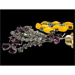 Four pairs of 9ct gold stud earrings, silver stone set stud earrings and a collection of costume jewellery brooches and bead necklaces