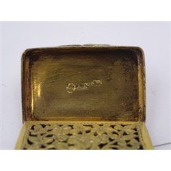 George III silver vinaigrette, of typical rectangular form, with raised foliate rim and engine turned decoration, with banded sides and foliate pierced engraving to gilt interior, hallmarked Birmingham 1797, maker's mark TS, L3cm