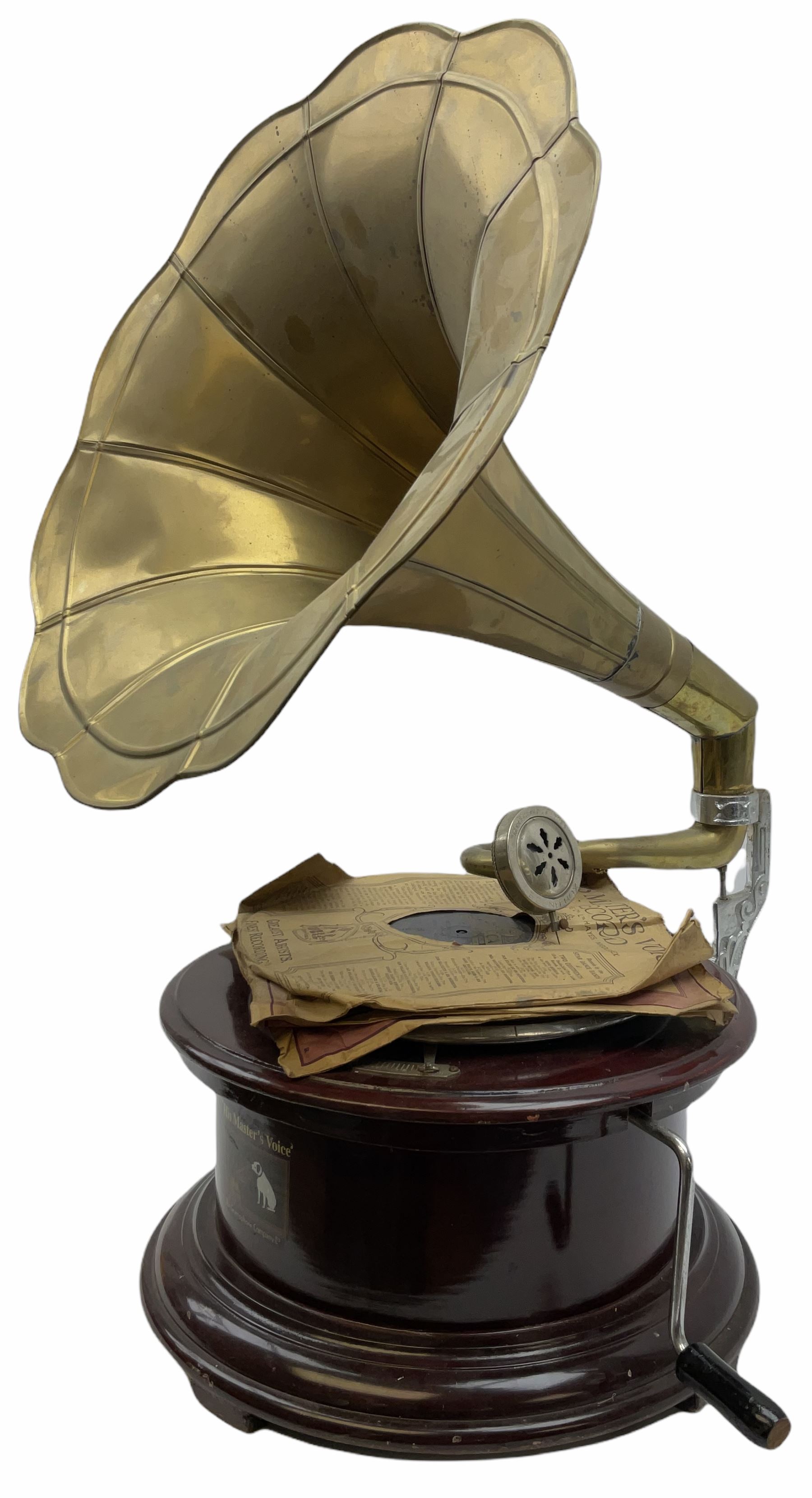 His Master's Voice table top wind up gramophone on a circular wooden base, with brass horn, H72cm, Horn D43cm. 