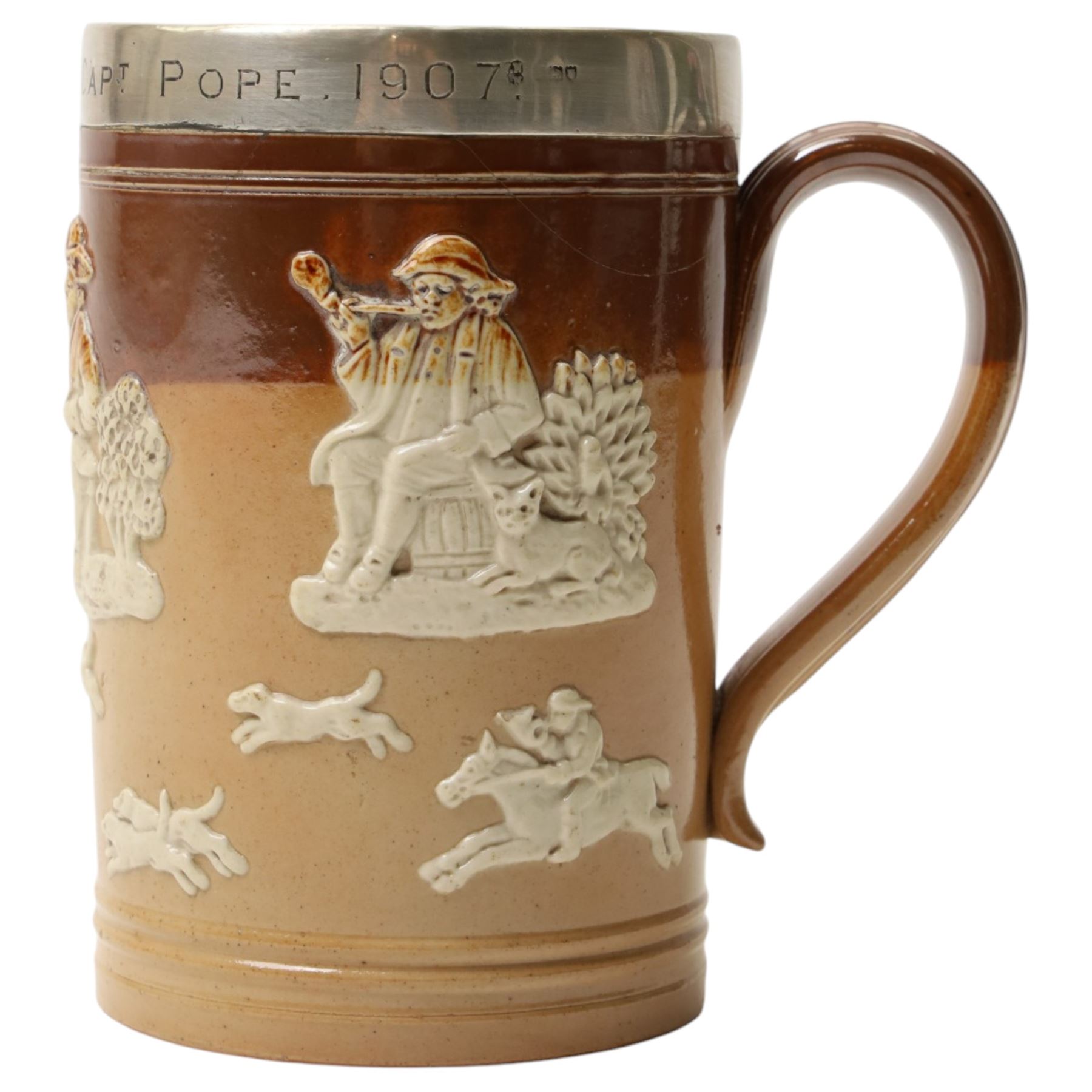 Early 20th century Royal Doulton stoneware tankard harvest tankard, with silver rim, inscribed 'Sidney Hardwick From Capt. Pope 1907', H13.5cm