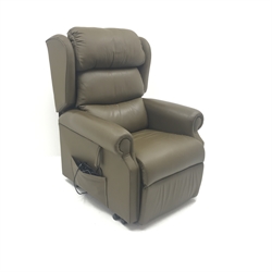Electric reclining armchair upholstered in a green leather, W84cm