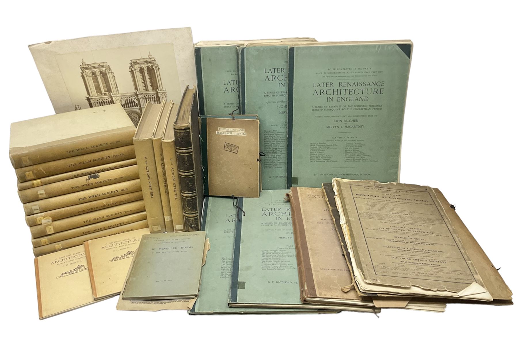 Belcher & Macartney: 'Later Renaissance Architecture in England', london Batsford, in six parts of loose folio form including plates and photographs, Twelve volumes of The Wren Society architectural books, and other architectural books and folios  