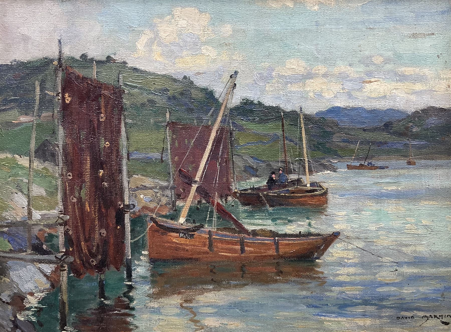 David Martin (Scottish fl.1884-1935): Fishing Boats Moored on the Coast of Scotland, oil on canvas signed 29cm x 39cm