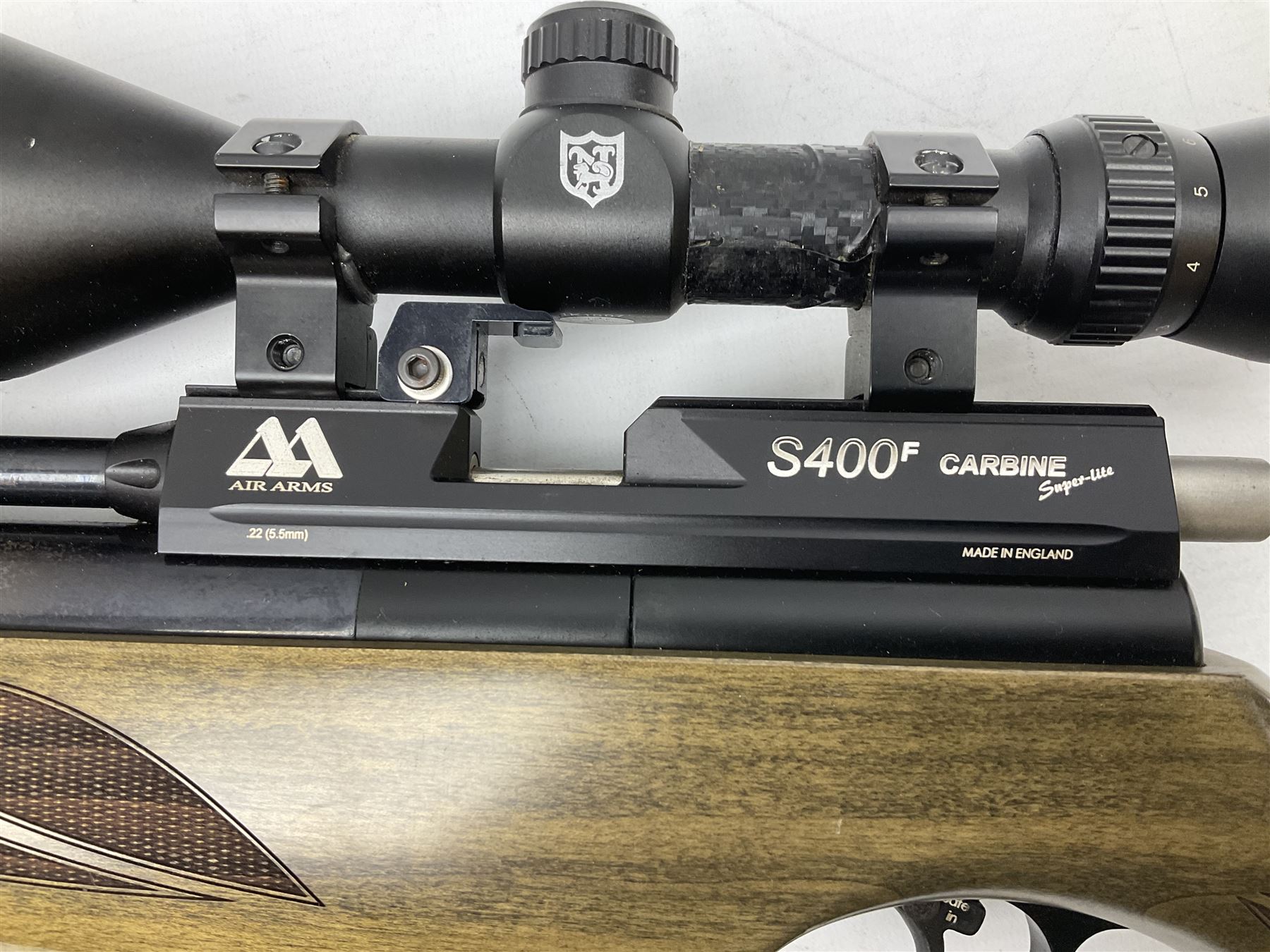 Air Arms S400F Carbine bolt-action .22 multishot air rifle, pump-up action, adjustable trigger, fitted with sound moderator and Nikko Stirling Mountmaster 3-9 x 50 telescopic sight, complete with stirrup type pump, pressure gauge etc, serial no.135456, L106cm; in gun sling