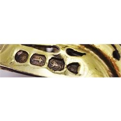 Victorian silver-gilt sugar sifting spoon, with gilded pierced shell shaped bowl, the handle decorated in relief with classical greek figures amongst fruiting vines, hallmarked Henry John Lias & James Wakely, London 1874,  L16cm, contained within tooled leather silk and velvet lined fitted case
