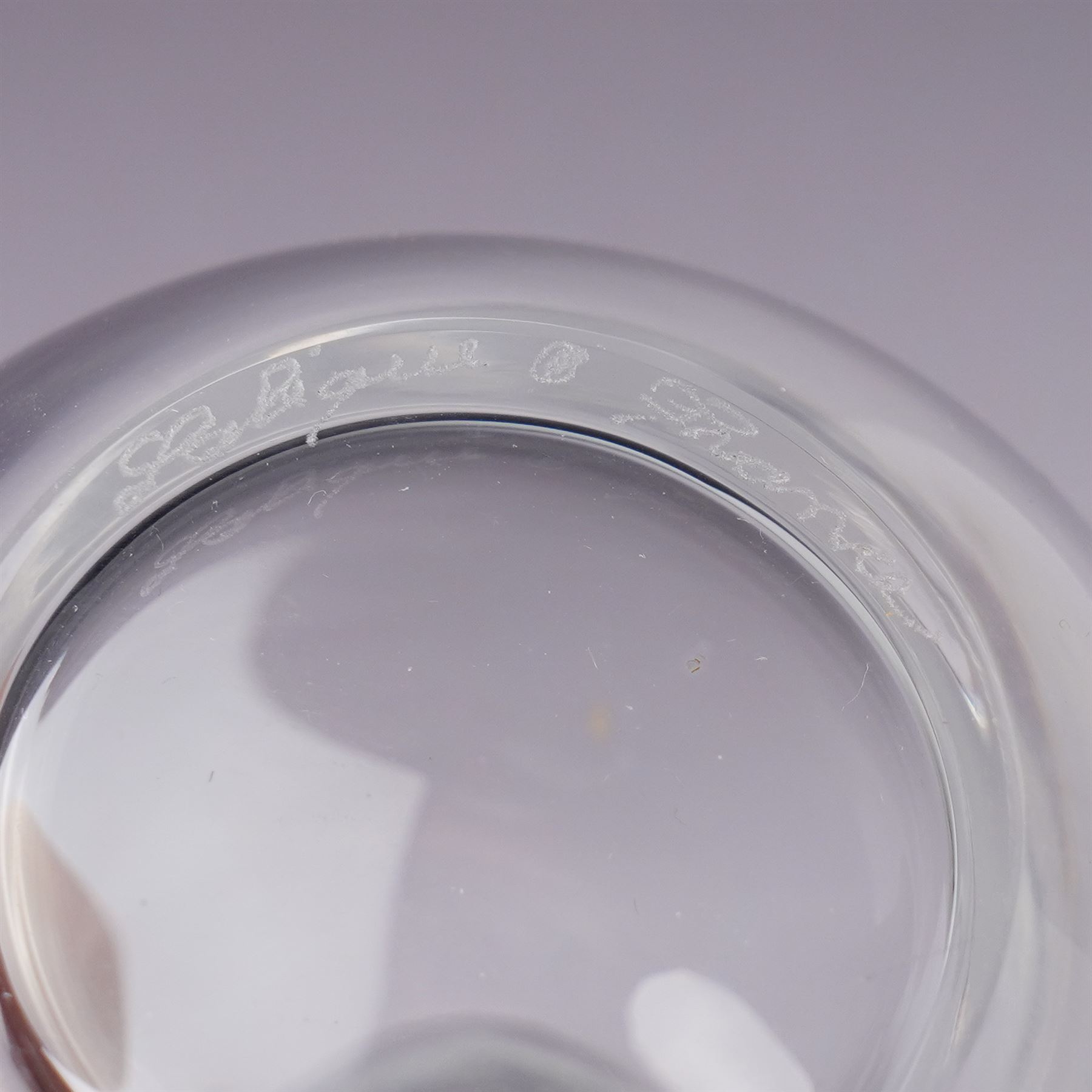 Lalique clear glass ' Clairefontaine' scent bottle with frosted glass stopper H12cm and another Lalique 'Folie' scent bottle  with arc tiara stopper H10cm both inscribed 'Lalique, France' (2)