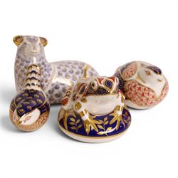 Six Royal Crown Derby paperweights, including Panda gold stopper, hamster silver stopper, Frog gold stopper etc, together with  Royal Crown Derby Honeysuckle scent bottle 