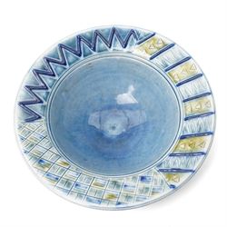 Andrew Osborne (1956 -): Geometric Jar and Bowl, with abstract design in typical blue and green glazes, incised marks to bases, jar H34cm