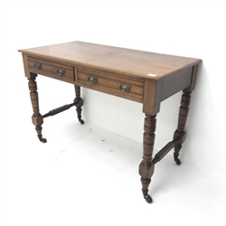 Edwardian mahogany side table, two drawers, turned supports joined by stretchers, W107cm, H73cm, D54cm