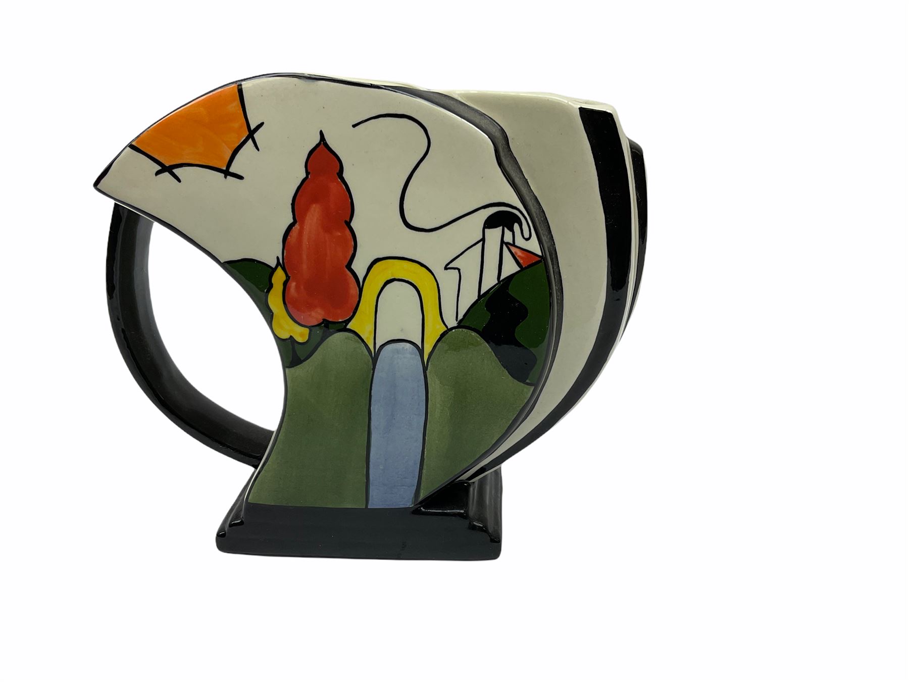 Lorna Bailey Old Ellgreave Pottery, comprising teapot in beach design, circular jar in house and path design, shell jug in Bridge and stream design, squat jug in Pagoda design and plate decorated with an Art Deco woman, all with printed and painted marks. 