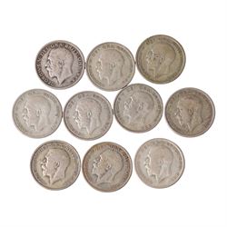 Ten Great British pre-1947 silver half crown coins, including one 1930