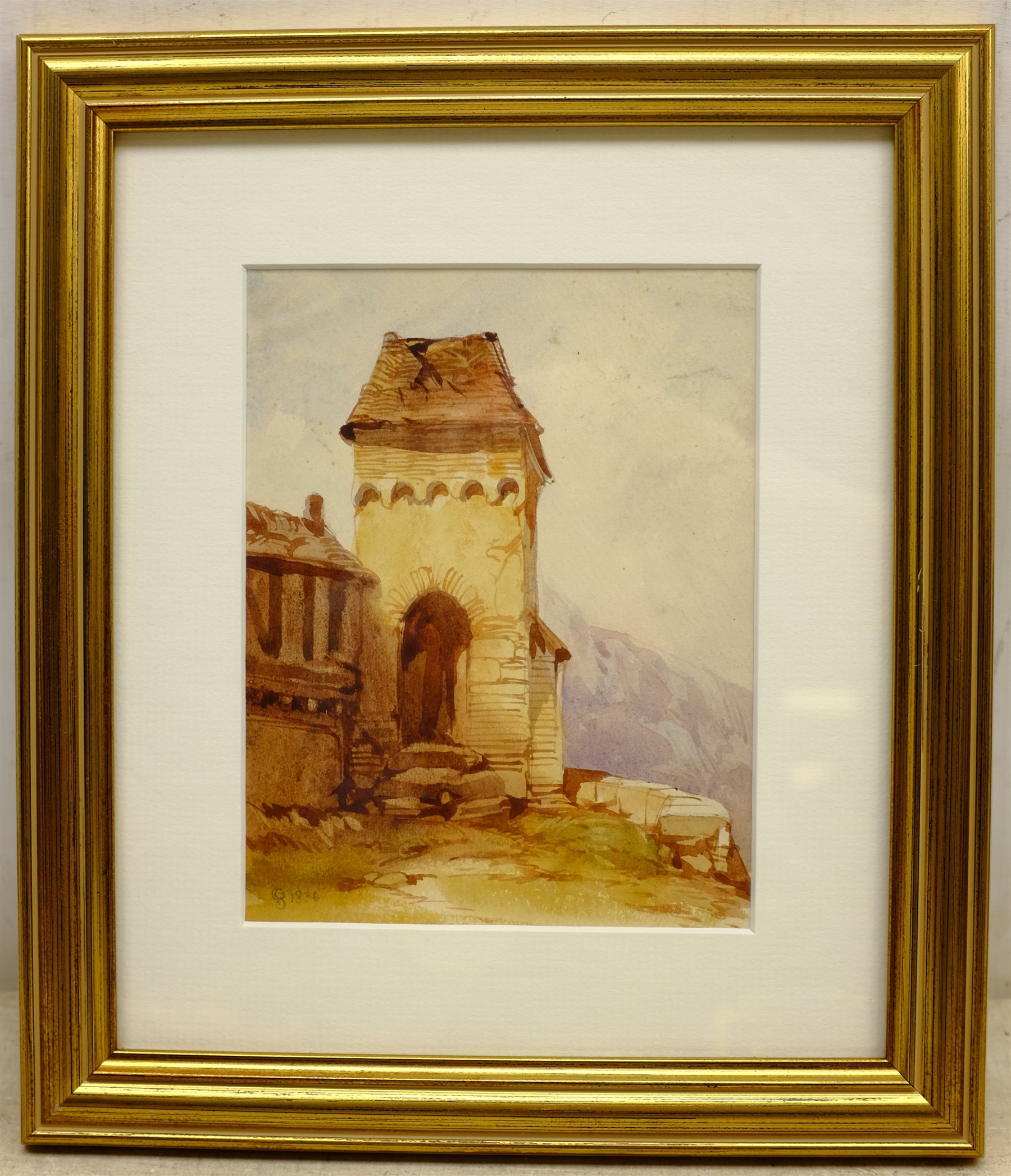  George Stubbs (British fl.1837-1860): Continental Tower, watercolour signed with monogram and dated 1836, 17cm x 13cm