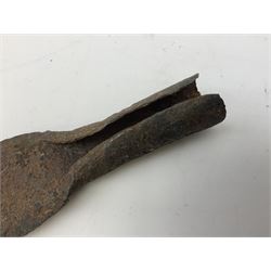 Patinated 'bronze' fantasy dagger, the 26cm blade, hilt and scabbard cast with dragons L50cm overall; hand forged iron spearhead L29.5cm; and a stiletto blade (3)