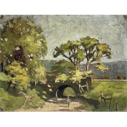 Francis G Wood (British exh.1906-1907): Sunlit Track under Bridge, oil on canvas laid on board unsigned 24cm x 31cm (unframed)
Provenance: part of a collection from the artist's family. Francis was Headmaster of the Penzance School of Art, taking over from William Henry Knight in 1916. For four years he built it up successfully and was highly respected for being one of the 'best art teachers in the West of England'.  