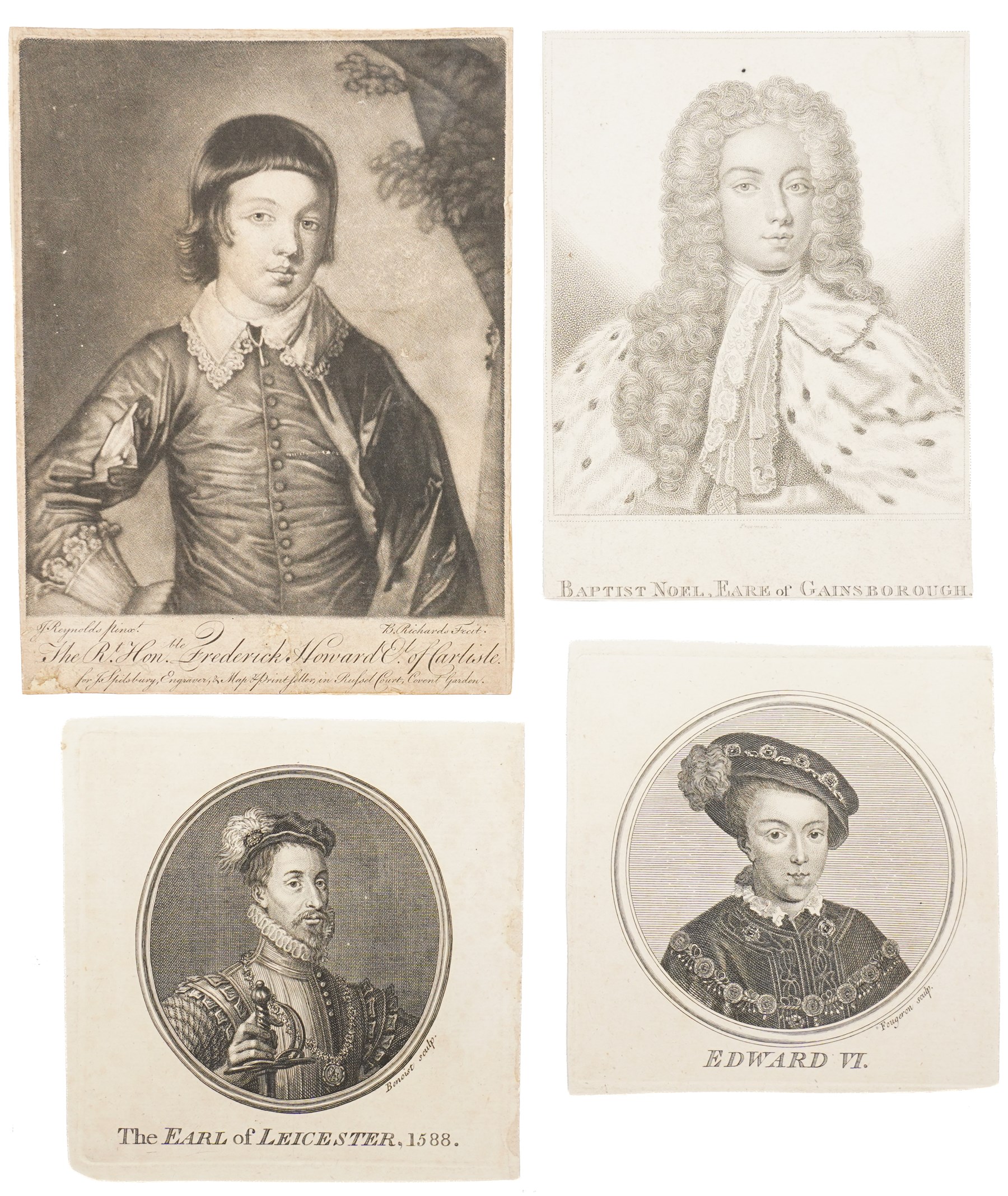 Jonathan Spilsbury (British 1748-1825) after Joshua Reynolds (British 1723-1792): 'The Rt Hon Frederick Howard of Carlisle'; Samuel Freedman (British 1773-1857): 'Baptist Noel - Eare of Gainsborough'; Guillaume Philippe Benoist (French 1725-1770): 'The Earl of Leicester - 1588'; Ignace Fougeron (British late 18th century) after Hans Holbein the Younger (German 1497-1543): 'Edward VI', four portrait engravings max 15.5cm x 11.5cm (4) (unframed)