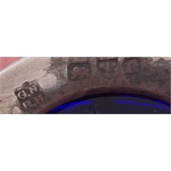 Pair of Victorian open silver salts with pierced sides, upon four ball and claw feet, hallmarked George Nathan & Ridley Hayes, Chester 1900, H5.2cm, each with blue glass liner