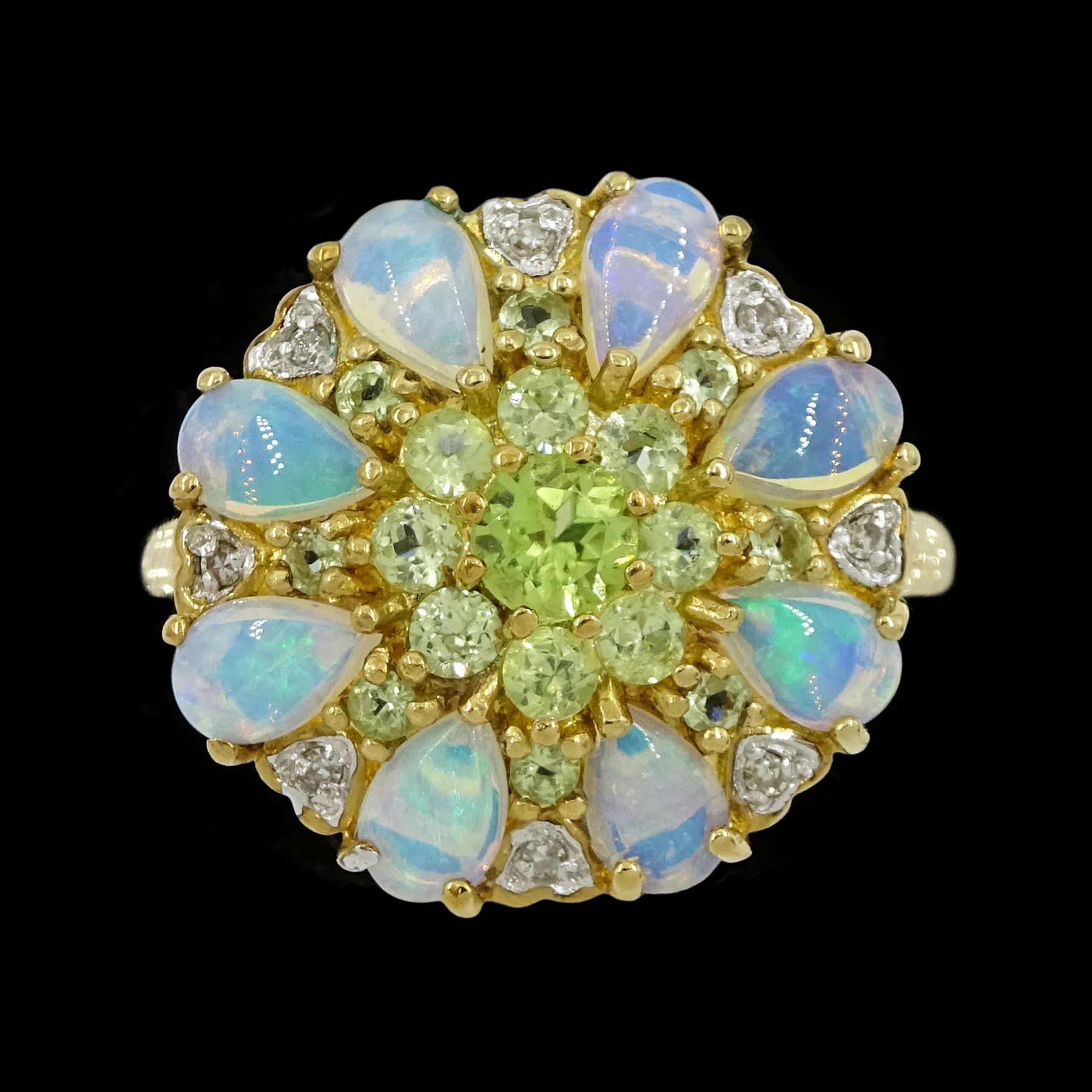 9ct gold pear cut opal and round cut peridot cluster ring, hallmarked
