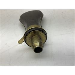 Two Sykes Patent brass mounted small load powder flasks with fire proof safety tops - one with slim plain copper body H17.5cm; the other with plain gun metal body H19cm (2)