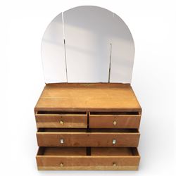 Early 20th century Art Deco bedroom suite, comprising double wardrobe, dressing table and chest of drawers, constructed in walnut with figured veneers and geometric banding, the wardrobe with arched top and panelled doors enclosing a fitted interior, the dressing table with rectangular top below a three panel mirror arrangement, fitted with two short over two long drawers, the chest with three short and three long drawers, each piece fitted with faceted handles and raised on shaped feet
Wardrobe (H 177cm, D 46cm, W 112cm)
Chest (H 85cm, D 48cm, W 92cm)
Dressing table (H 160cm, D 52cm, W 106cm)
