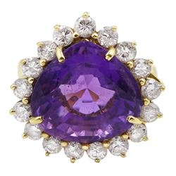 18ct gold amethyst and round brilliant cut diamond cluster ring, amethyst approx 8.00 carat, total diamond weight approx 1.30 carat