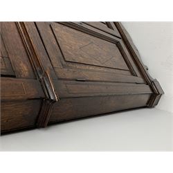 George III oak floor standing corner cabinet, scrolled swan neck pediment with central finial over astragal glazed door, painted interior fitted with three shaped shelves, the lower section fitted with single shaped shelf enclosed by two fielded panel doors inlaid lozenges, on bracket feet, H195cm, W77cm