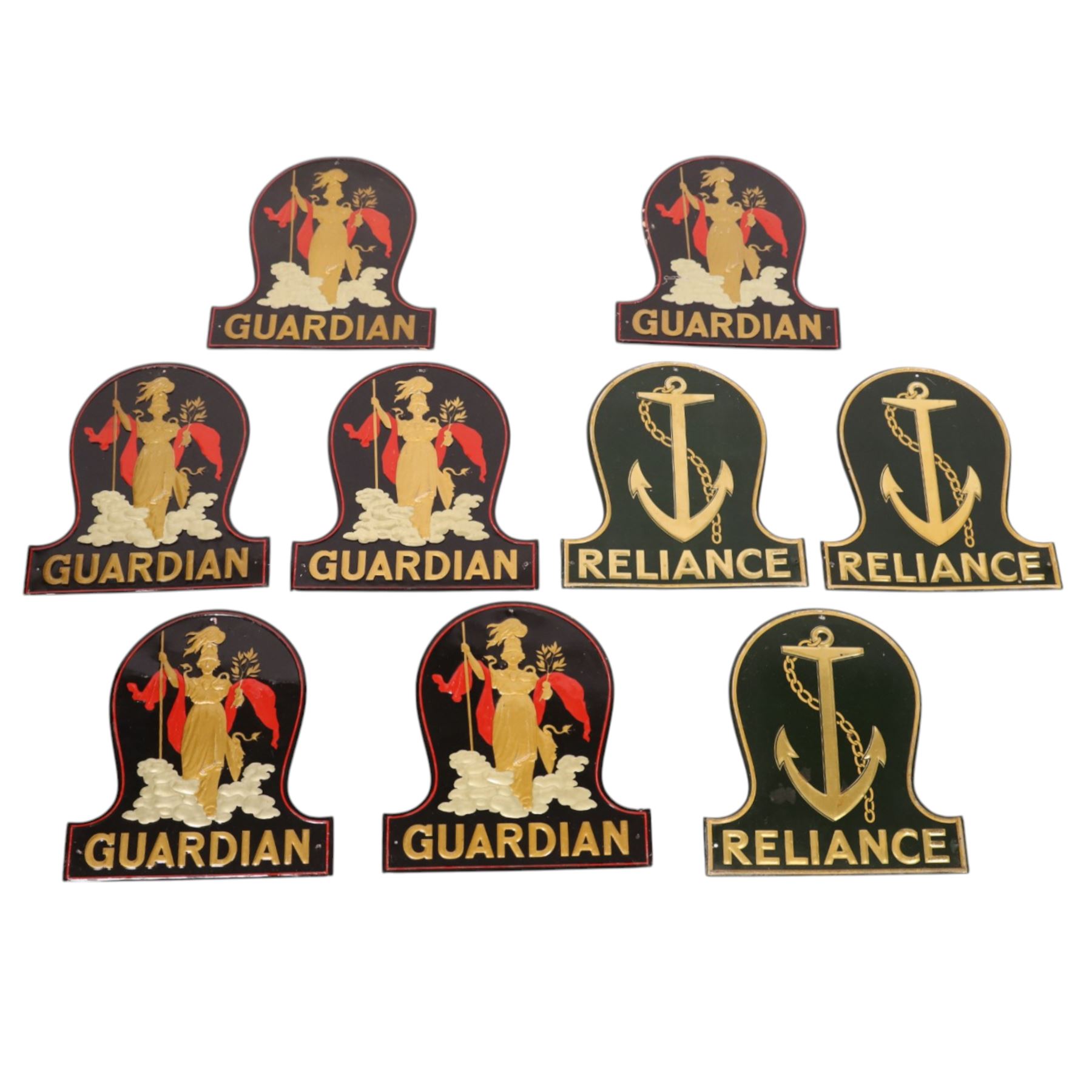 Group of nine fire insurance marks, comprising six Guardian Assurance Company, and three Reliance Insurance Company, one Caledonian Insurance Company, Guardian example H23cm
