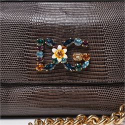 Dolce & Gabbana - ‘Miss Sicily’ Jewelled Mini Shoulder Bag, the model introduced for the Fall/Winter 2017/2018 collection, in structured brown iguana-print calfskin leather, the front applied with a multicoloured crystal-set DG monogram logo incorporating floral motif, with detachable gold-tone chain shoulder strap, unused with original dust bag and tags