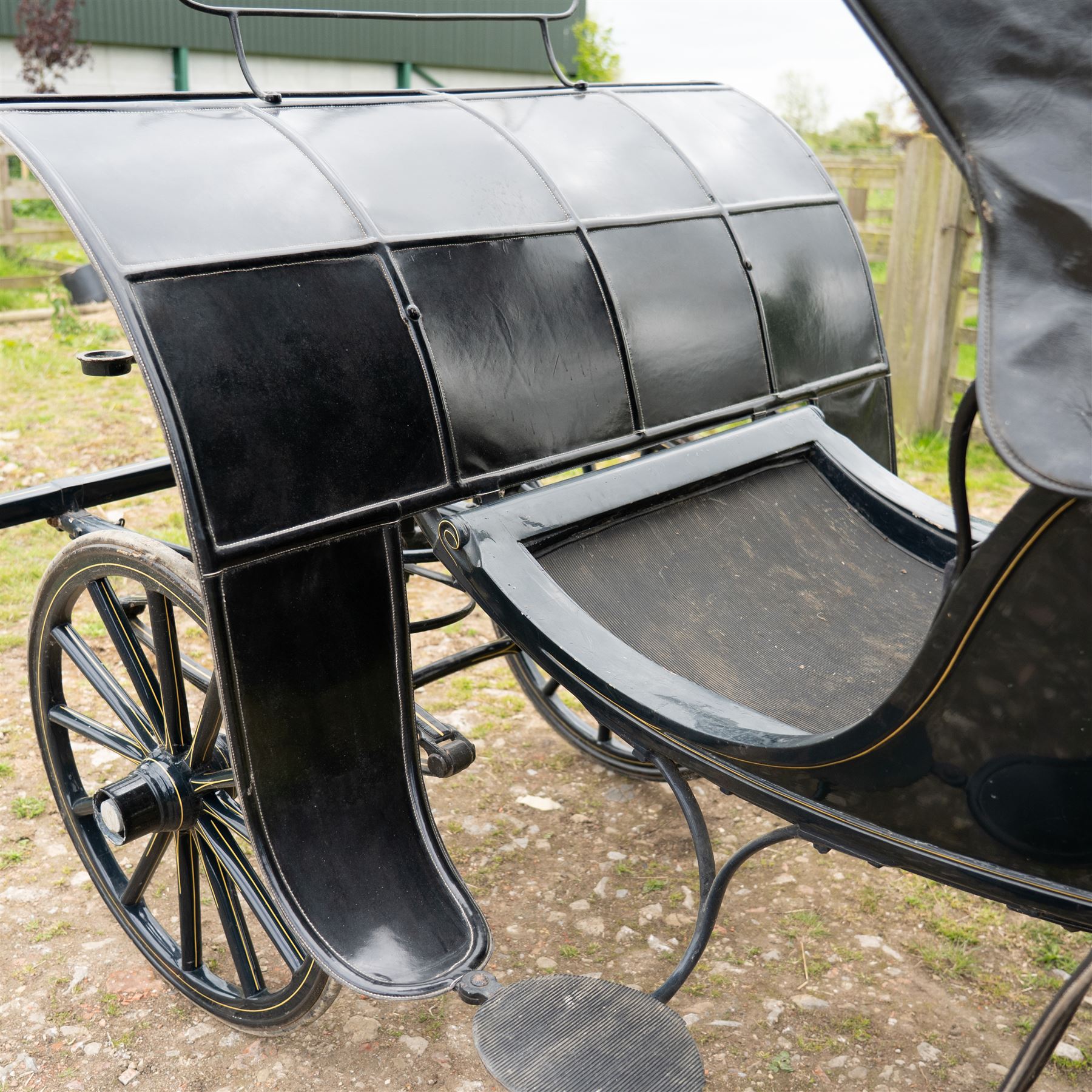 George IV Phaeton Carriage by Mills, Paddington, London

A George IV four wheeled phaeton carriage by Mills, Paddington, London, the hubs stamped accordingly, with black painted bodywork, folding black leather hood, upholstered passenger compartment and rear luggage platform. The carriage is fitted with wooden spoked wheels, yellow coachlining, leaf spring suspension, front mudguards, metal footrests and shafts for single horse use. In original condition by one of the best carriage builders of the day

Features

• Maker’s hubs marked Mills, Paddington, London
• Four wheeled phaeton carriage
• Black painted bodywork with fine yellow coachlining
• Folding black leather hood
• Button upholstered passenger seating
• Rear luggage platform with rail
• Wooden spoked wheels with rubber tyres
• Leaf spring suspension
• Shafts for single horse use
• Front mudguards and metal footrests
• Fitted with a side mounted ratchet hand brake operating on the rear wheel


Dimensions:
Overall length: 305 cm
Width: 160 cm
Height: 213 cm

Wheel Diameters:
Front wheels: 77 cm
Rear wheels: 107 cm

Seating:
Driving seats: 1
Passenger seats: 2