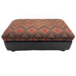 Barker and Stonehouse - rectangular footstool, upholstered in black leather and red and green geometric pattern fabric