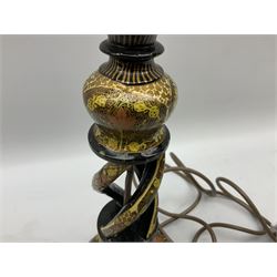  Kashmiri papier mache table lamp, open spiral twist column decorated with flowers, on a turned base,  H43cm
