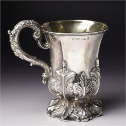 Victorian silver cup with acanthus leaf decoration and scroll handle, H12cm with retailers mark of J Mayer, Liverpool Sheffield 1851Maker Henry Wilkinson & Co