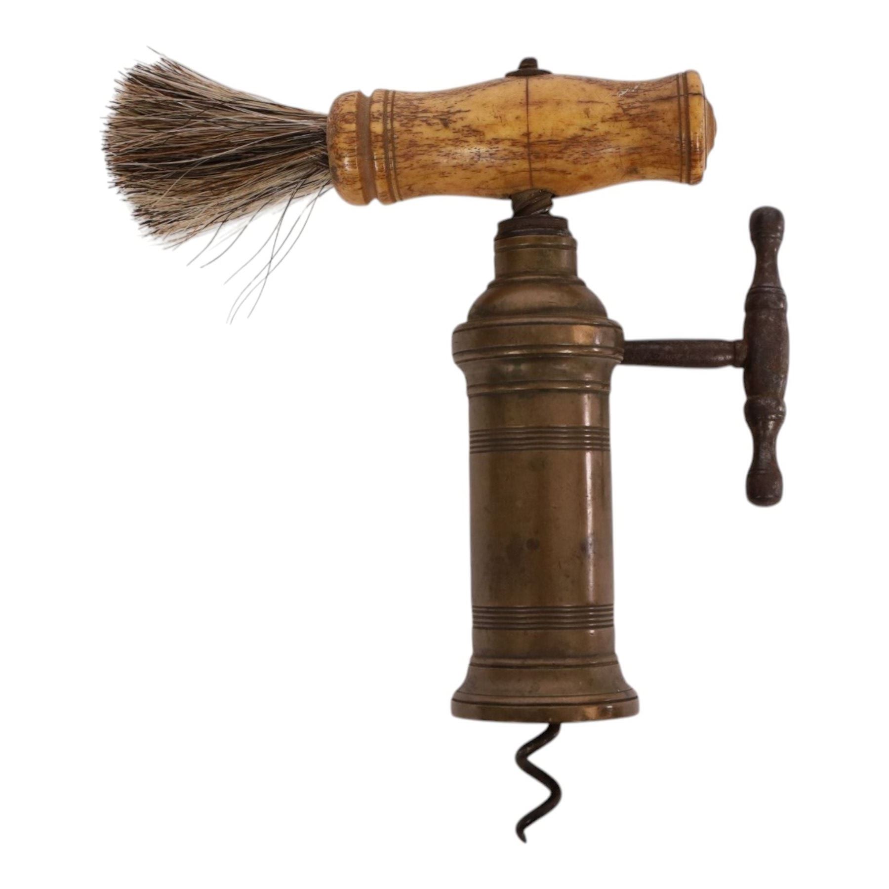 19th century Thomason Dowler style barrel shaped corkscrew the turned wooden handle with brush, rack and pinion action with sidewinder handle, marked Hill Newmarket, H14cm