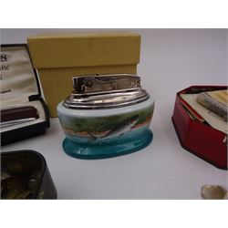Minton table lighter decorated with a leaping salmon, signed T.Lee, with Ronson lighter mechanism, boxed, together with a Ronson Varaflame lighter, Stratton compact mirror, collection of Wade whimsies and a miniature Gemma teaset