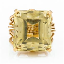 18ct gold citrine ring, single large octagonal cut citrine, with split rope twist design shoulders